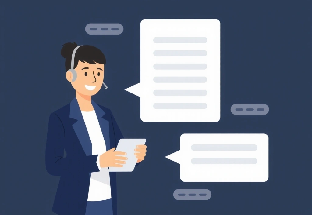 Ilustración de una persona interactuando con un chatbot o asistente virtual, simbolizando el soporte al cliente y la resolución de dudas.