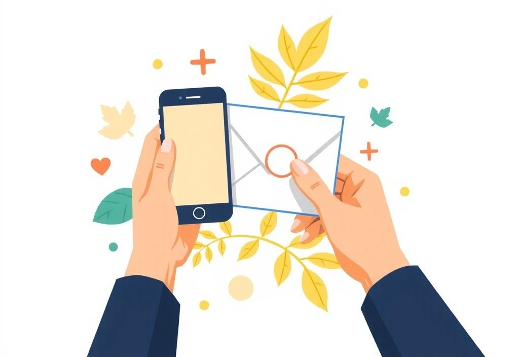 Ilustración de manos sosteniendo un teléfono y un sobre, simbolizando la comunicación y el contacto.