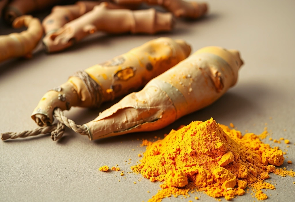 Raíz de cúrcuma fresca y polvo de cúrcuma