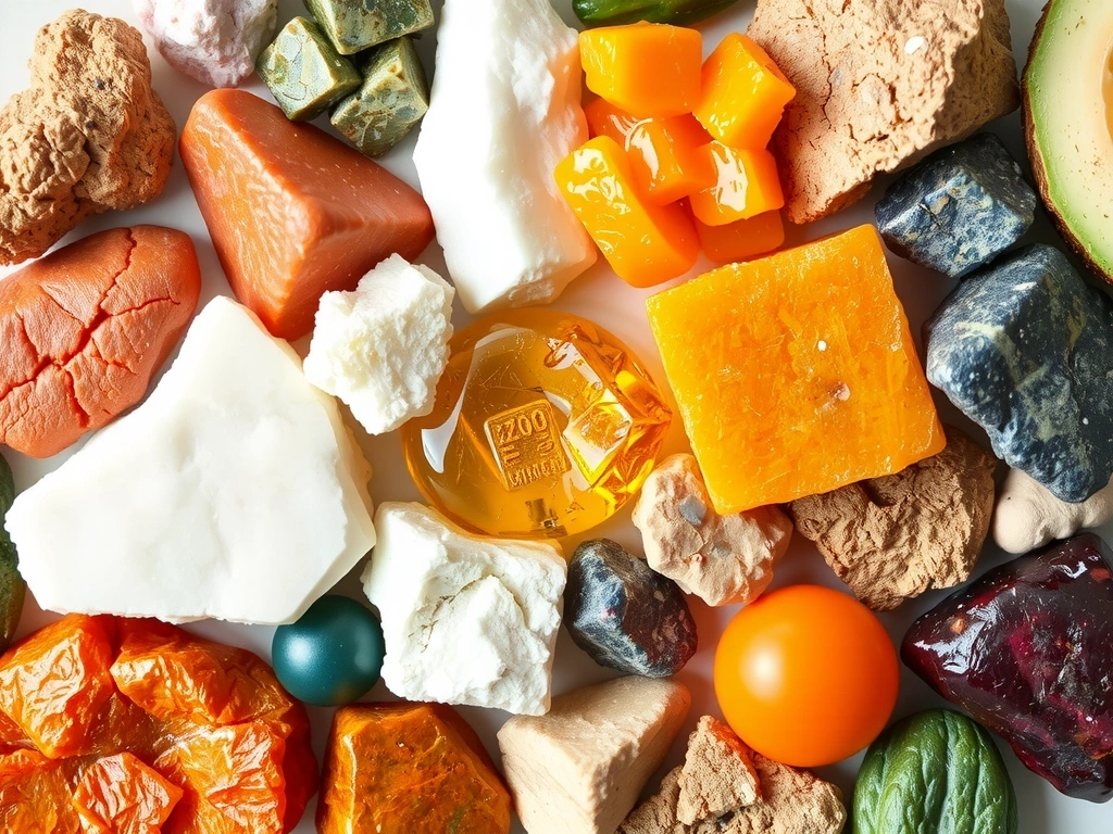 Variedad de minerales esenciales en diferentes formas y colores, simbolizando la riqueza nutricional.