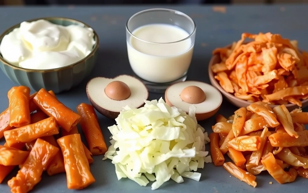 Variedad de alimentos fermentados: yogur, kéfir, kimchi, chucrut