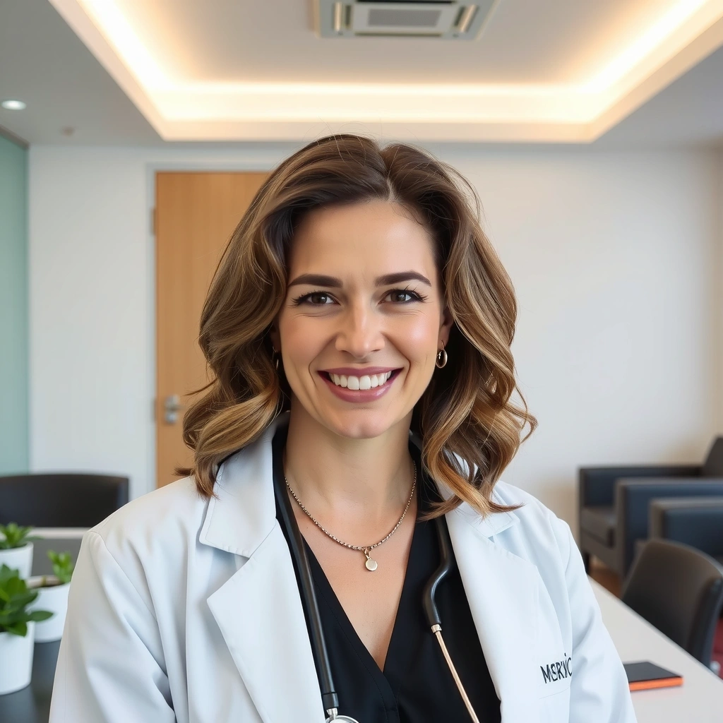 Dra. Laura Montes, Médica especializada en medicina integrativa, en un consultorio moderno.