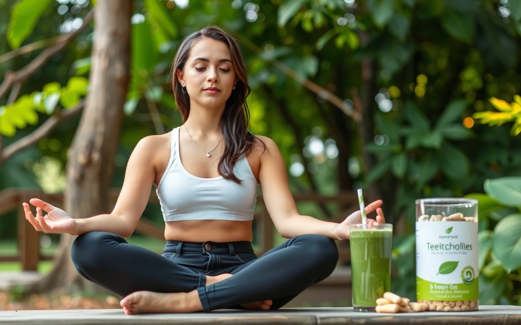 Mujer joven meditando en un entorno natural con un batido verde y suplementos cerca