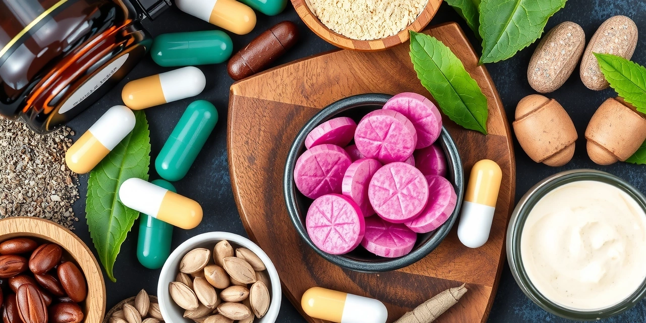 Variedad de suplementos alimenticios naturales en un cuenco de madera