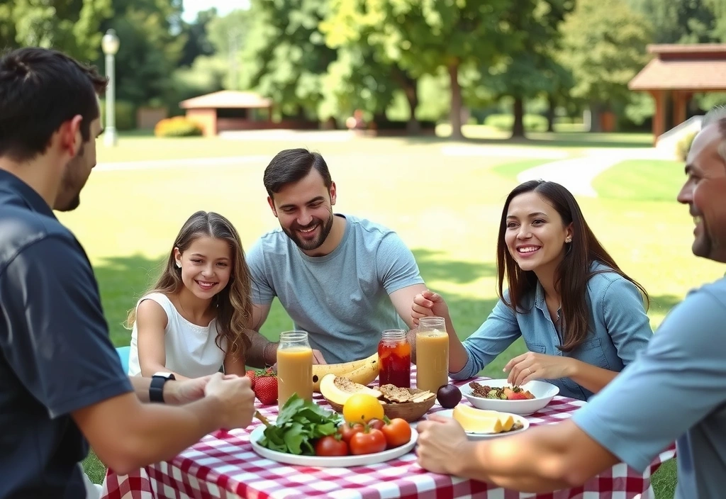 Familia feliz disfrutando de un picnic saludable en un parque soleado, con un enfoque en la nutrición natural y el bienestar.