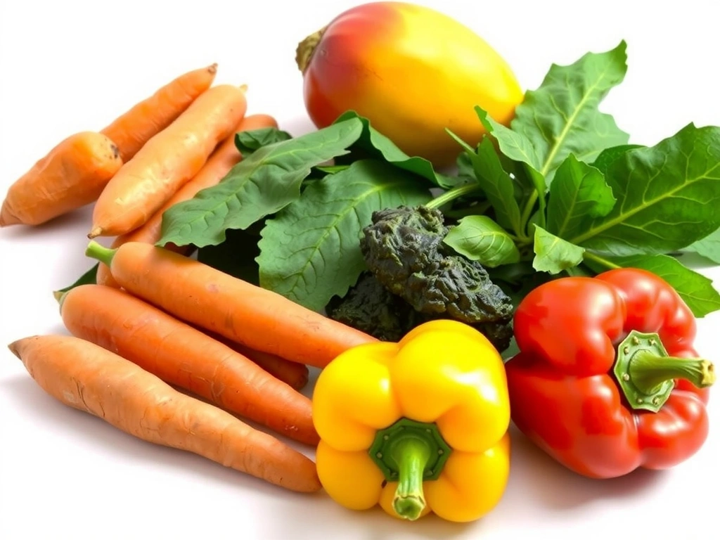 Variedad de alimentos ricos en Vitamina A como batatas, zanahorias, mangos y espinacas