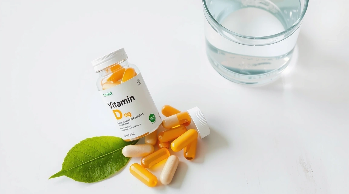Un frasco de suplementos de Vitamina D con cápsulas amarillas, junto a una hoja verde y un vaso de agua, en un entorno limpio y natural.
