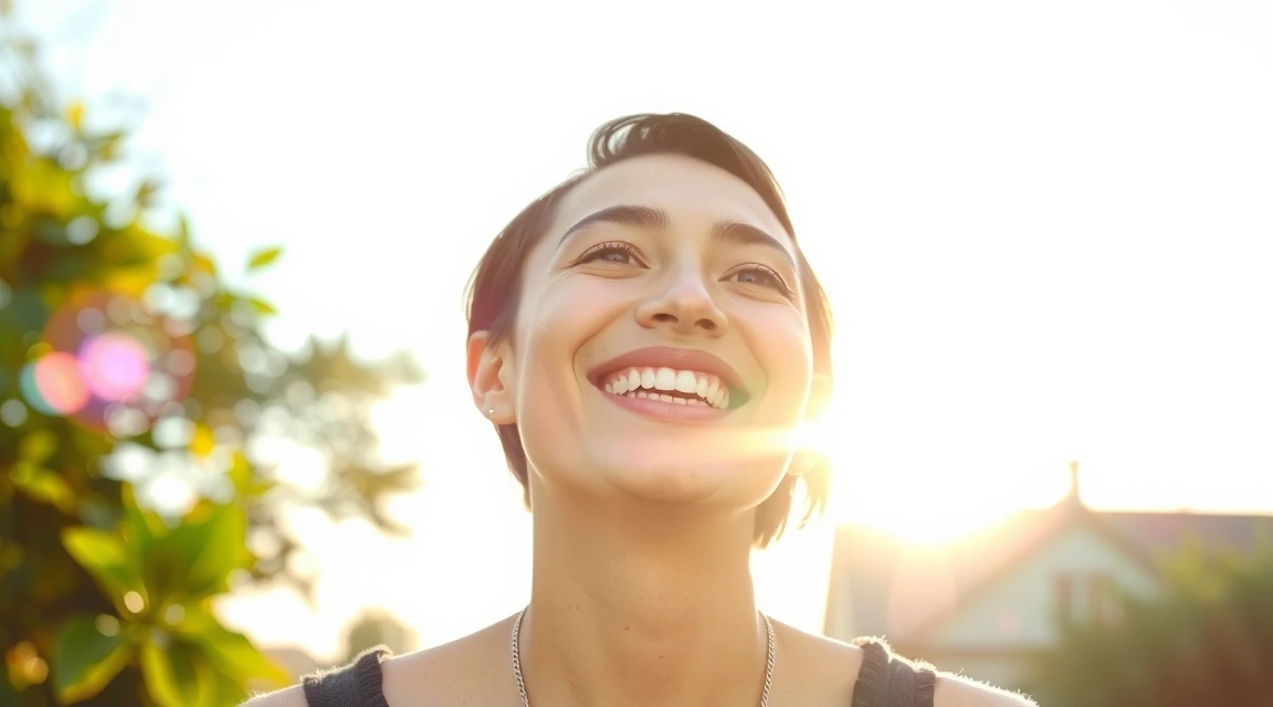 Una persona sonriendo bajo el sol en un día claro, con una sensación de alegría y bienestar.