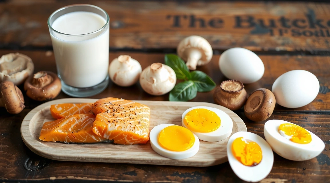 Una variedad de alimentos ricos en Vitamina D, como salmón, huevos, leche fortificada y setas, dispuestos de forma atractiva en una mesa de madera.