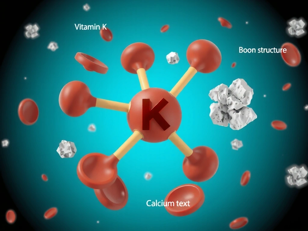 Ilustración molecular de Vitamina K con elementos que sugieren coagulación sanguínea y estructura ósea