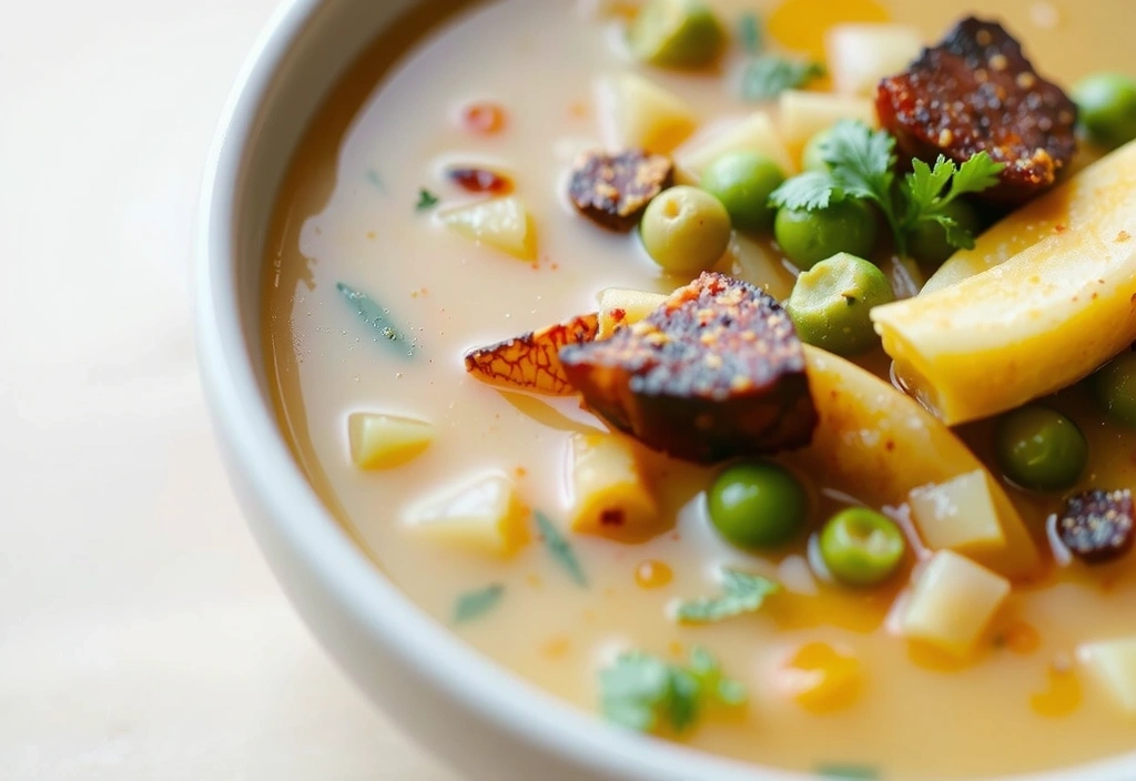 Sopa caliente de brócoli y guisantes con hierbas frescas