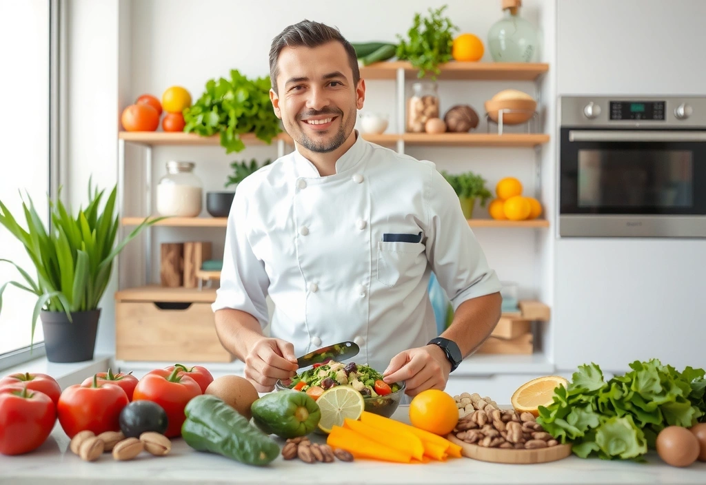 Un chef preparando una ensalada vibrante y colorida con una variedad de vegetales frescos, frutas y nueces en una cocina moderna y luminosa. El chef tiene una sonrisa amable y el ambiente es de bienestar y nutrición.